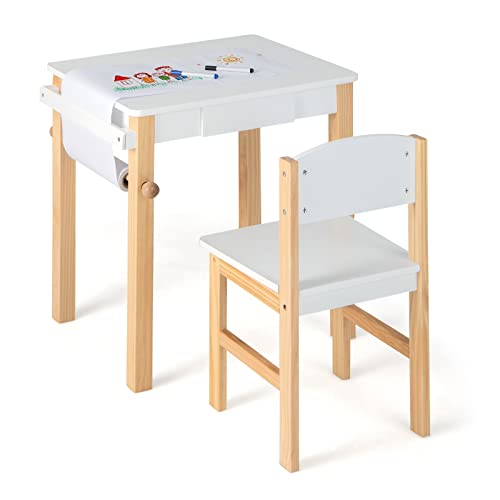 Costzon Kids Table and Chair Set, Toddler Study Desk w/Paper Roll, Drawer, 2 Marker Pens, Wooden Activity Table Set for Playroom & Nursery, Gift for Boys & Girls, Toddler Table & Chair (White)