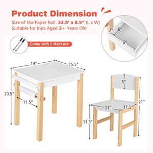 Costzon Kids Table and Chair Set, Toddler Study Desk w/Paper Roll, Drawer, 2 Marker Pens, Wooden Activity Table Set for Playroom & Nursery, Gift for Boys & Girls, Toddler Table & Chair (White)