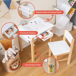 Costzon Kids Table and Chair Set, Toddler Study Desk w/Paper Roll, Drawer, 2 Marker Pens, Wooden Activity Table Set for Playroom & Nursery, Gift for Boys & Girls, Toddler Table & Chair (White)