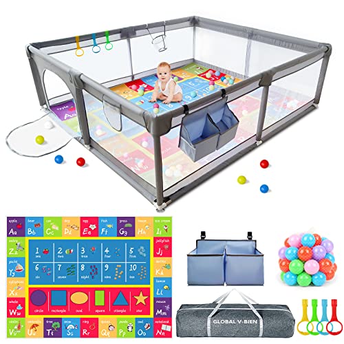 Global V-Bien Baby Playpen, 79" X 71" Extra Large Baby Play Yards with Mat, Safety Play Pens for Babies and Toddlers, Indoor&Outdoor Baby Girl Fence Play Pin Area with Zipper Gate/Visible Mesh