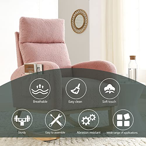 Fabric Rocking Chair Nursery Chair,Modern Upholstered High Back Glider Rocking Armchair,Comfy Rocker with Padded Seat and Wood Base,Two Side Pocket Accent Chair for Living Room Bedroom Office,Pink