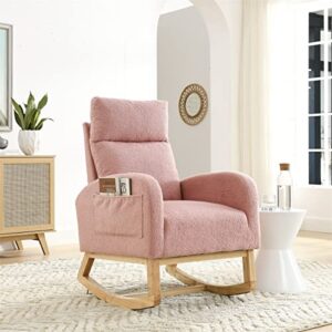 fabric rocking chair nursery chair,modern upholstered high back glider rocking armchair,comfy rocker with padded seat and wood base,two side pocket accent chair for living room bedroom office,pink