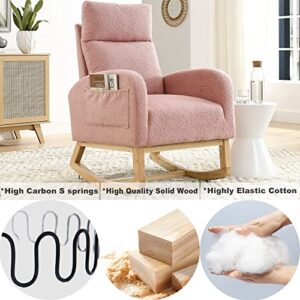 Fabric Rocking Chair Nursery Chair,Modern Upholstered High Back Glider Rocking Armchair,Comfy Rocker with Padded Seat and Wood Base,Two Side Pocket Accent Chair for Living Room Bedroom Office,Pink