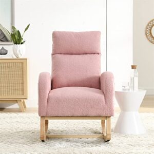 Fabric Rocking Chair Nursery Chair,Modern Upholstered High Back Glider Rocking Armchair,Comfy Rocker with Padded Seat and Wood Base,Two Side Pocket Accent Chair for Living Room Bedroom Office,Pink
