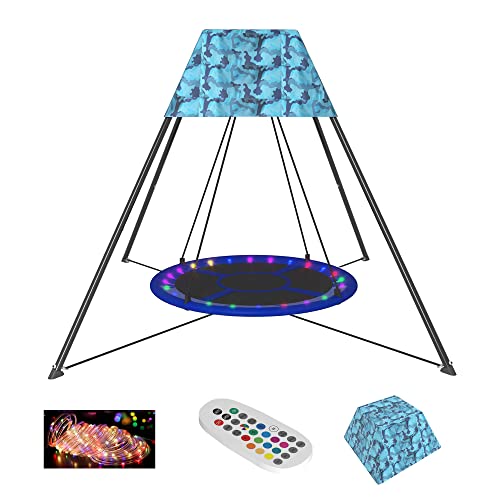 Pvillez 43 Inch Nest Swing Set, Nest Swing Stand with Oxford Tent and Nest Swing and LED Strips, Saucer Swing Set with Heavy Duty Galvanized Steel Frame for Kids for Garden Backyard Playground