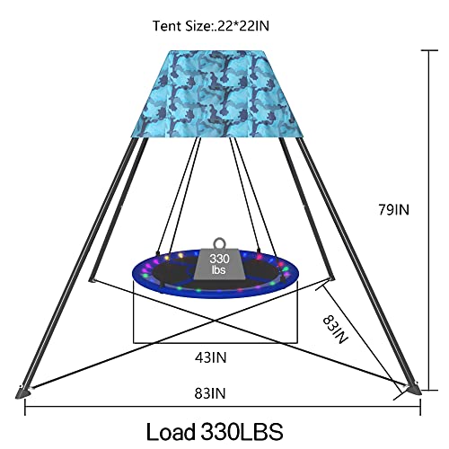 Pvillez 43 Inch Nest Swing Set, Nest Swing Stand with Oxford Tent and Nest Swing and LED Strips, Saucer Swing Set with Heavy Duty Galvanized Steel Frame for Kids for Garden Backyard Playground