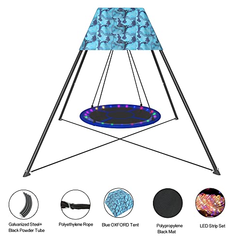 Pvillez 43 Inch Nest Swing Set, Nest Swing Stand with Oxford Tent and Nest Swing and LED Strips, Saucer Swing Set with Heavy Duty Galvanized Steel Frame for Kids for Garden Backyard Playground