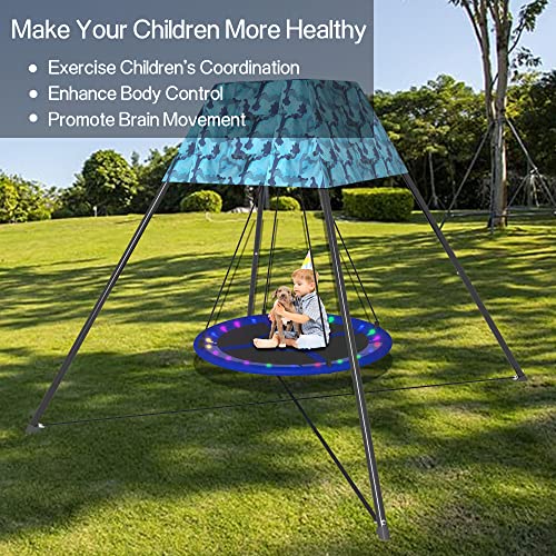 Pvillez 43 Inch Nest Swing Set, Nest Swing Stand with Oxford Tent and Nest Swing and LED Strips, Saucer Swing Set with Heavy Duty Galvanized Steel Frame for Kids for Garden Backyard Playground