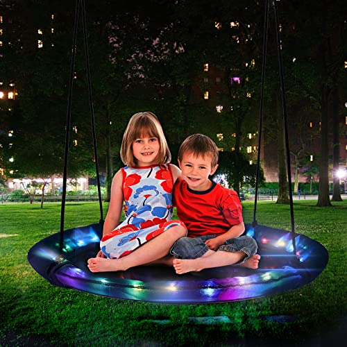 Pvillez 43 Inch Nest Swing Set, Nest Swing Stand with Oxford Tent and Nest Swing and LED Strips, Saucer Swing Set with Heavy Duty Galvanized Steel Frame for Kids for Garden Backyard Playground