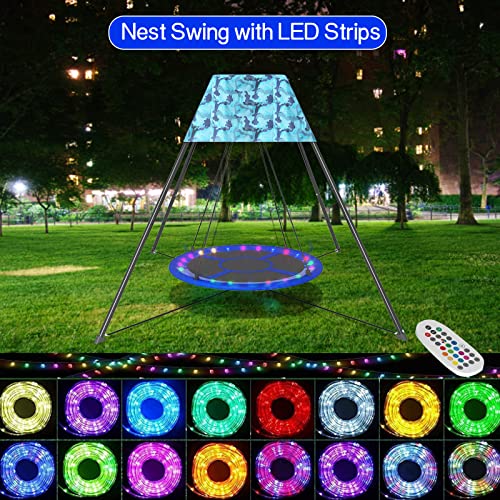 Pvillez 43 Inch Nest Swing Set, Nest Swing Stand with Oxford Tent and Nest Swing and LED Strips, Saucer Swing Set with Heavy Duty Galvanized Steel Frame for Kids for Garden Backyard Playground