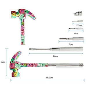 Multitool Hammer, All In One Screwdriver Hammer Tools Set with Screwdriver Anti-Slip Grip Handle Print Floral Hammer Screwdriver Tool Set Best Gift for Birthday Valentine's Mother's day (Pink)