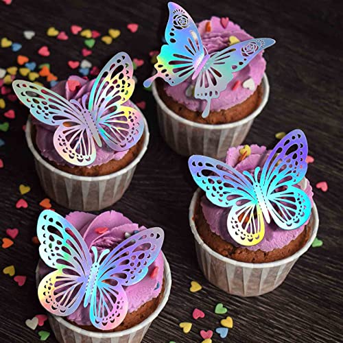 Tixiquns Laser Butterfly Wall Decor,48Pcs 2 Styles 3 Sizes,Removable Butterflies for Cake Cupcake Toppers, 3D Paper Butterfly Sticker Decorations for Birthday Baby Shower Girl Room Nursery Decals