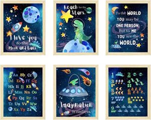 dinosaur outer space education number alphabet posters wall art prints,planet rocket ufo painting for nursery kids bedroom classroom decor baby kids room decorations,set of 6(8''x10''inches, unframed).