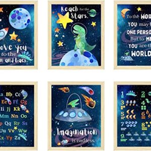 Dinosaur Outer Space Education Number Alphabet Posters Wall Art Prints,Planet Rocket UFO Painting for Nursery Kids Bedroom Classroom Decor Baby Kids Room Decorations,Set of 6(8''x10''inches, Unframed).