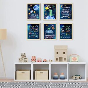 Dinosaur Outer Space Education Number Alphabet Posters Wall Art Prints,Planet Rocket UFO Painting for Nursery Kids Bedroom Classroom Decor Baby Kids Room Decorations,Set of 6(8''x10''inches, Unframed).