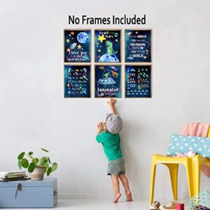 Dinosaur Outer Space Education Number Alphabet Posters Wall Art Prints,Planet Rocket UFO Painting for Nursery Kids Bedroom Classroom Decor Baby Kids Room Decorations,Set of 6(8''x10''inches, Unframed).