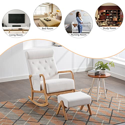 Neylory Rocking Chair Nursery, Mid-Century Modern Upholstered Fabric Rocking Chairs with Ottoman, Nursery Glider with Thick Padded Cushion, High Backrest Glider Rocker for Living Room (Beige)