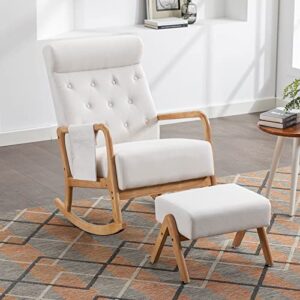 neylory rocking chair nursery, mid-century modern upholstered fabric rocking chairs with ottoman, nursery glider with thick padded cushion, high backrest glider rocker for living room (beige)