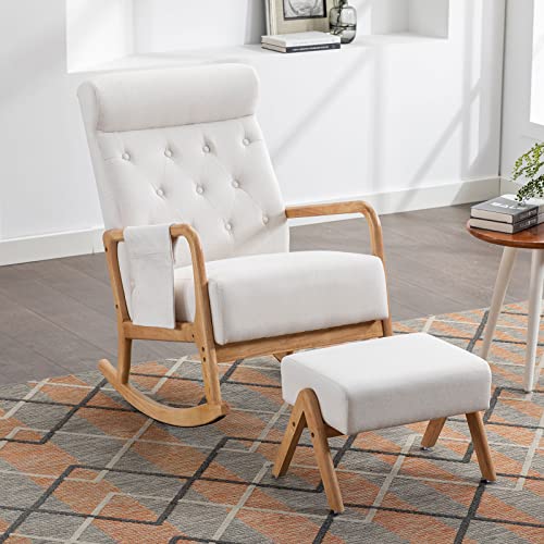 Neylory Rocking Chair Nursery, Mid-Century Modern Upholstered Fabric Rocking Chairs with Ottoman, Nursery Glider with Thick Padded Cushion, High Backrest Glider Rocker for Living Room (Beige)