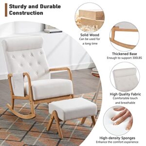 Neylory Rocking Chair Nursery, Mid-Century Modern Upholstered Fabric Rocking Chairs with Ottoman, Nursery Glider with Thick Padded Cushion, High Backrest Glider Rocker for Living Room (Beige)