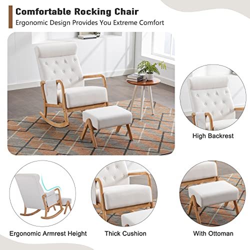 Neylory Rocking Chair Nursery, Mid-Century Modern Upholstered Fabric Rocking Chairs with Ottoman, Nursery Glider with Thick Padded Cushion, High Backrest Glider Rocker for Living Room (Beige)