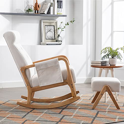 Neylory Rocking Chair Nursery, Mid-Century Modern Upholstered Fabric Rocking Chairs with Ottoman, Nursery Glider with Thick Padded Cushion, High Backrest Glider Rocker for Living Room (Beige)