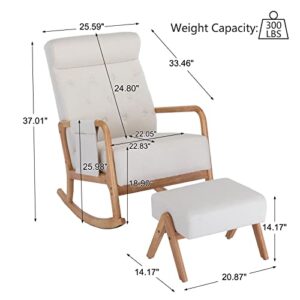 Neylory Rocking Chair Nursery, Mid-Century Modern Upholstered Fabric Rocking Chairs with Ottoman, Nursery Glider with Thick Padded Cushion, High Backrest Glider Rocker for Living Room (Beige)