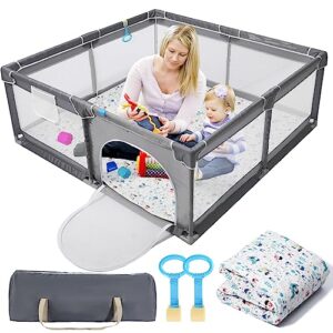 baby playpen with mat,play pen for babies and toddlers,baby play yards no gaps, playpen with gate, indoor & outdoor kids activity center, safety baby fence(grey, 50"x50")