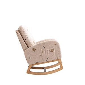 Merax Nursery Accent Rocker Armchair with Side Pocket, Upholstered High Back Wooden Rocking Chair for Living Room Baby Kids Room Bedroom (Beige Boucle)