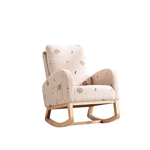 Merax Nursery Accent Rocker Armchair with Side Pocket, Upholstered High Back Wooden Rocking Chair for Living Room Baby Kids Room Bedroom (Beige Boucle)