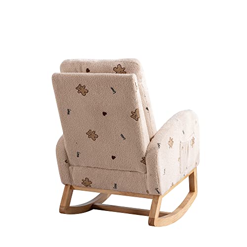 Merax Nursery Accent Rocker Armchair with Side Pocket, Upholstered High Back Wooden Rocking Chair for Living Room Baby Kids Room Bedroom (Beige Boucle)