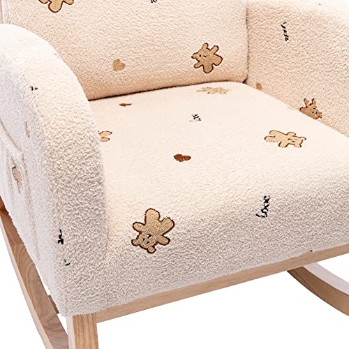 Merax Nursery Accent Rocker Armchair with Side Pocket, Upholstered High Back Wooden Rocking Chair for Living Room Baby Kids Room Bedroom (Beige Boucle)