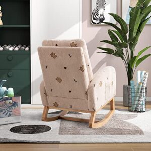 Merax Nursery Accent Rocker Armchair with Side Pocket, Upholstered High Back Wooden Rocking Chair for Living Room Baby Kids Room Bedroom (Beige Boucle)