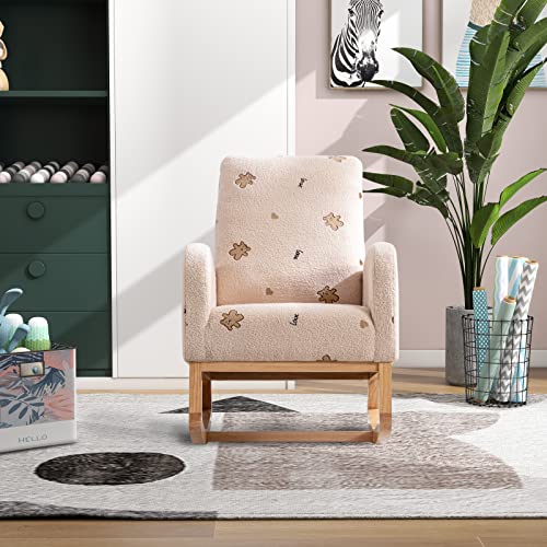 Merax Nursery Accent Rocker Armchair with Side Pocket, Upholstered High Back Wooden Rocking Chair for Living Room Baby Kids Room Bedroom (Beige Boucle)