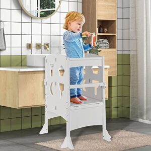 HONEY JOY White Kitchen Step Stool for Toddlers, Children Wooden Kitchen Tower Helper w/Safety Rail, Extra Kitchen Toys, Montessori Foldable Kids Learning Standing Tower for Kitchen Counter(White)