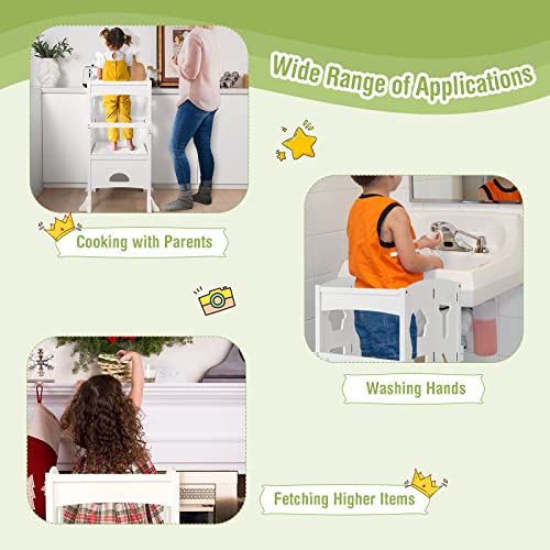 HONEY JOY White Kitchen Step Stool for Toddlers, Children Wooden Kitchen Tower Helper w/Safety Rail, Extra Kitchen Toys, Montessori Foldable Kids Learning Standing Tower for Kitchen Counter(White)
