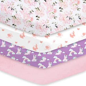 little grape land crib sheets girl 4 pack, baby crib sheets for standard crib & toddler mattress, super soft breathable crib sheet set for girls, pink flowers/elephant/purple unicorn/solid pink