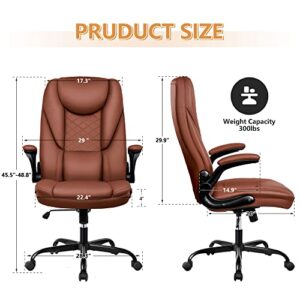 Guessky Office Chair, Executive Office Chair Big and Tall Office Chair Ergonomic Leather Chair with Adjustable Flip-Up Arms High Back Home Office Desk Chairs Computer Chair with Lumbar Support (Brown)