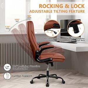 Guessky Office Chair, Executive Office Chair Big and Tall Office Chair Ergonomic Leather Chair with Adjustable Flip-Up Arms High Back Home Office Desk Chairs Computer Chair with Lumbar Support (Brown)