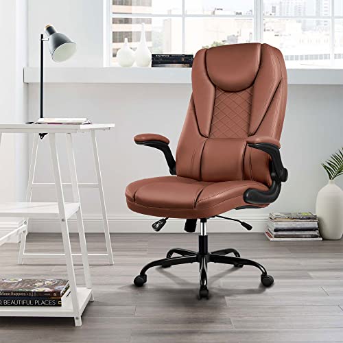 Guessky Office Chair, Executive Office Chair Big and Tall Office Chair Ergonomic Leather Chair with Adjustable Flip-Up Arms High Back Home Office Desk Chairs Computer Chair with Lumbar Support (Brown)