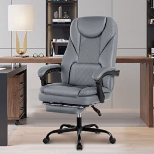 guessky executive office chair, big and tall office chair with foot rest reclining leather chair high back home office desk chairs with lumbar support ergonomic office chair with padded armrests(gray)