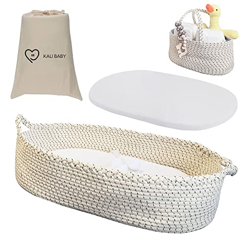 Baby Changing Basket (for 0 to 12 Month Baby) and Diaper Caddy - Cotton Rope Changing Table Topper, Thick Foam Pad with Removable Cotton Cover - Safety Belt