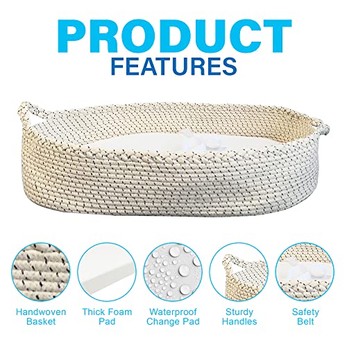 Baby Changing Basket (for 0 to 12 Month Baby) and Diaper Caddy - Cotton Rope Changing Table Topper, Thick Foam Pad with Removable Cotton Cover - Safety Belt