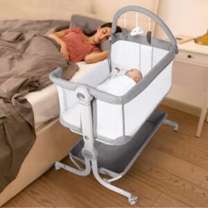 cowiewie baby bassinet 2-1 beside sleeper with wheels & hanging toys for baby foldable - handbag can be stored or carried out