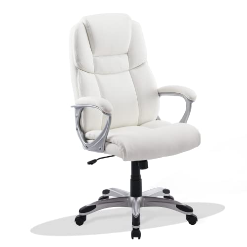 NeuType Executive Office Chair High Back Home Office Desk Chairs with Wheels PU Leather Ergonomic Computer Chair with Lumbar Support Adjustable Height & Swivel Big and Tall Office Chair - White