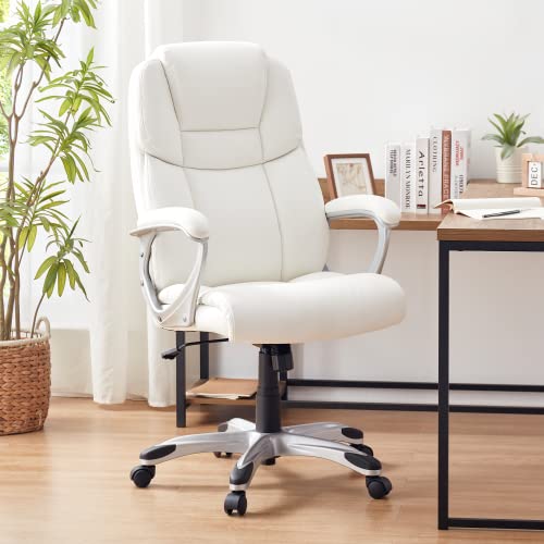 NeuType Executive Office Chair High Back Home Office Desk Chairs with Wheels PU Leather Ergonomic Computer Chair with Lumbar Support Adjustable Height & Swivel Big and Tall Office Chair - White