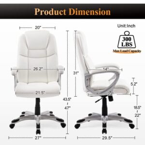 NeuType Executive Office Chair High Back Home Office Desk Chairs with Wheels PU Leather Ergonomic Computer Chair with Lumbar Support Adjustable Height & Swivel Big and Tall Office Chair - White