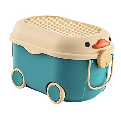 Qianly Cartoon Duck Shape Storage Box with Wheels Organizer Bin Container Baby Clothes Storage Case Portable for Household Nursery Kids Bedroom, Blue Middle