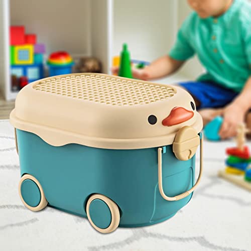 Qianly Cartoon Duck Shape Storage Box with Wheels Organizer Bin Container Baby Clothes Storage Case Portable for Household Nursery Kids Bedroom, Blue Middle