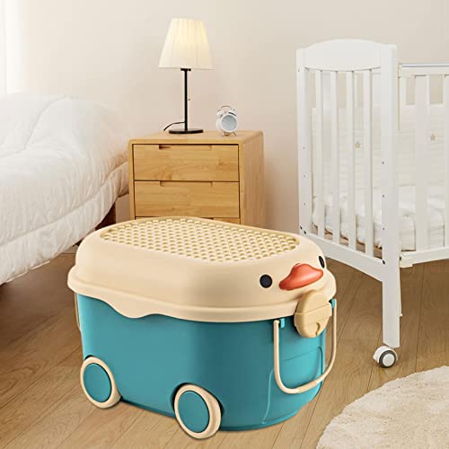 Qianly Cartoon Duck Shape Storage Box with Wheels Organizer Bin Container Baby Clothes Storage Case Portable for Household Nursery Kids Bedroom, Blue Middle